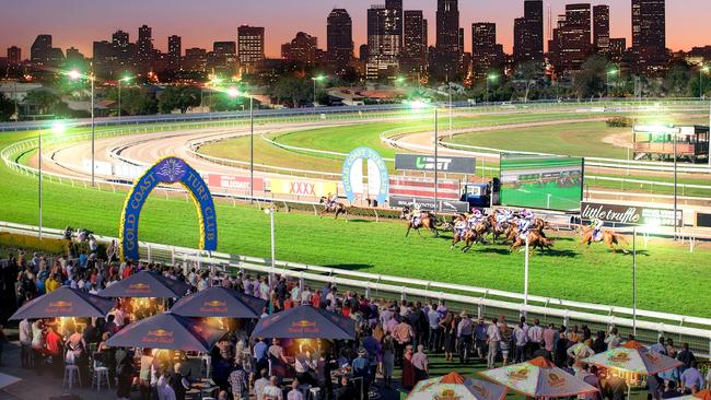 An impression of what night racing under lights will look like at the Gold Coast Turf Club come 2024.