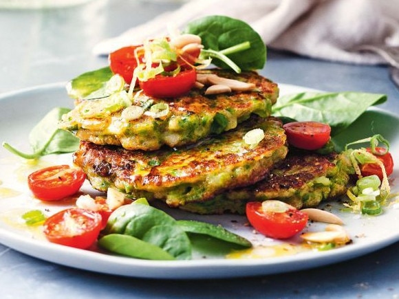 Pea, broad bean and haloumi fritters.