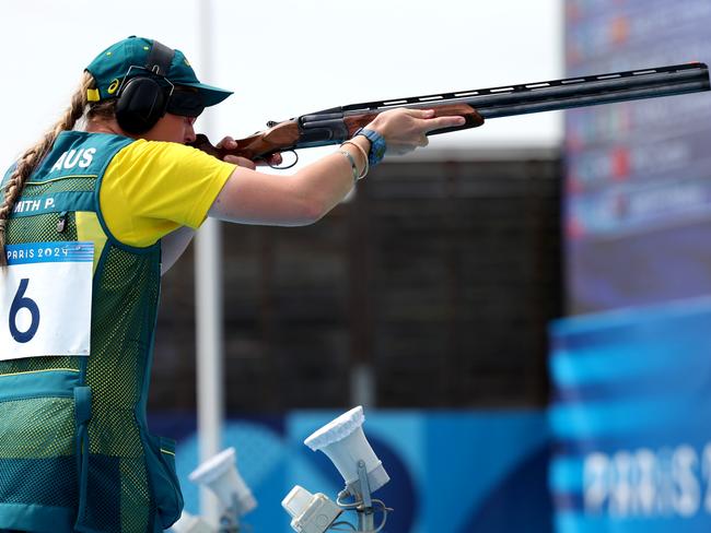 CHATEAUROUX, FRANCE - JULY 31: Penny Smith of Team Australia competes in the Shooting Trap Women's Final on day five of the Olympic Games Paris 2024 at Chateauroux Shooting Centre on July 31, 2024 in Chateauroux, France. (Photo by Charles McQuillan/Getty Images)