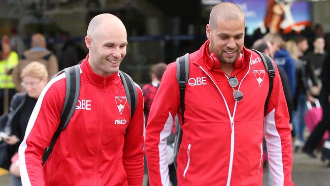 Sydney’s Tom Harley with Lance Franklin. Picture: Wayne Ludbey