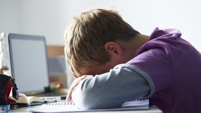 Tired Boy Studying In Bedroom