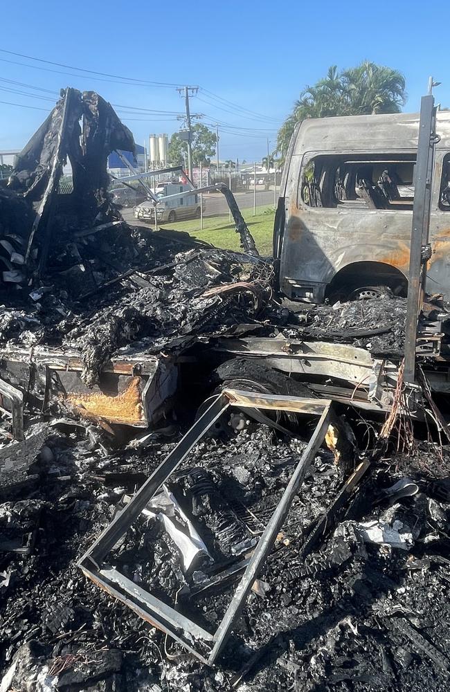 The charred remains of one of the vehicles damaged in the arson attack. Photo: James. Taylor