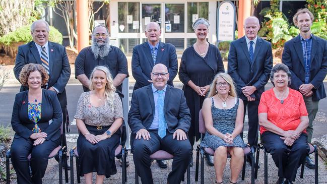 The new Lismore City Council cohort has been sworn in. From left rear: Peter Colby, Big Rob, Andrew Bing, Vanessa Ekins, Andrew Gordon, Adam Guise. Front row: Elly Bird, Jeri Hall, Mayor Steve Krieg, Electra Jensen and Darlene Cook.