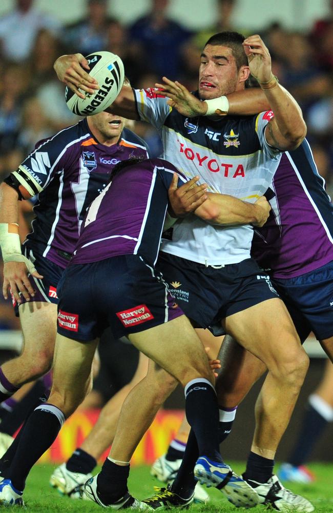 North Queensland Cowboys against Melbourne Storm at Dairy Famers Stadium. Cowboy's James Tamou.