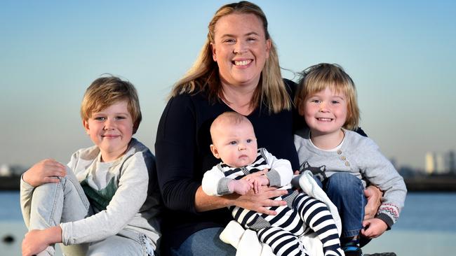 Jemima Bowen with her with her three children Edward, four months, Henry, 6, (left) and Flynn, 4, (right). Picture: Kylie Else