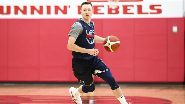 Josh Magette of the USA Men's Select Team handles the ball during practice for training camp on July 9, 2021 at Mendenhall Center in Las Vegas, Nevada. (Photo by Ned Dishman/NBAE via Getty Images)