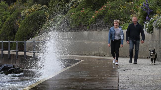 Wild and windy weather at Long Beach, Sandy Bay, earlier this month. Picture: LUKE BOWDEN