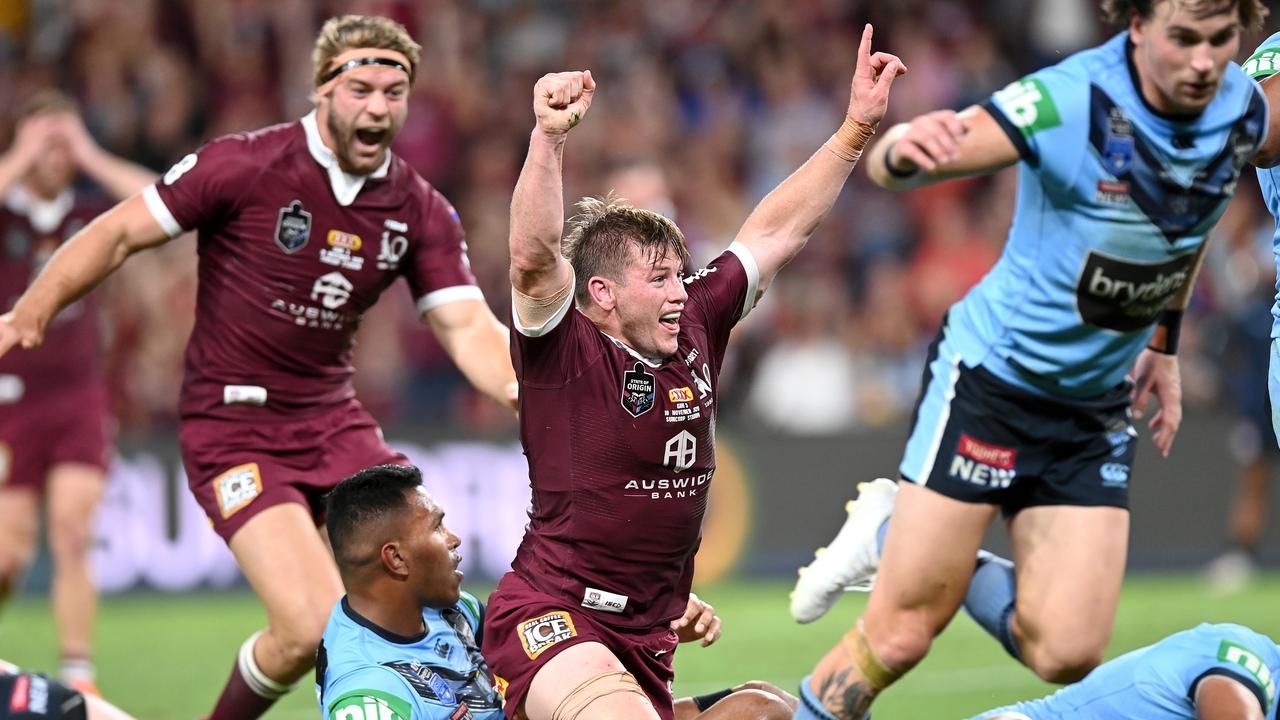 Harry Grant celebrates a Maroons try