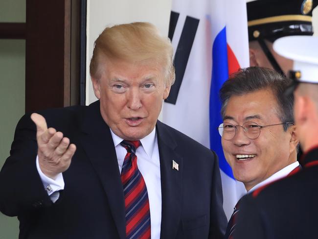 President Donald Trump welcomes South Korean President Moon Jae-in to the White House in Washington. Picture: AP