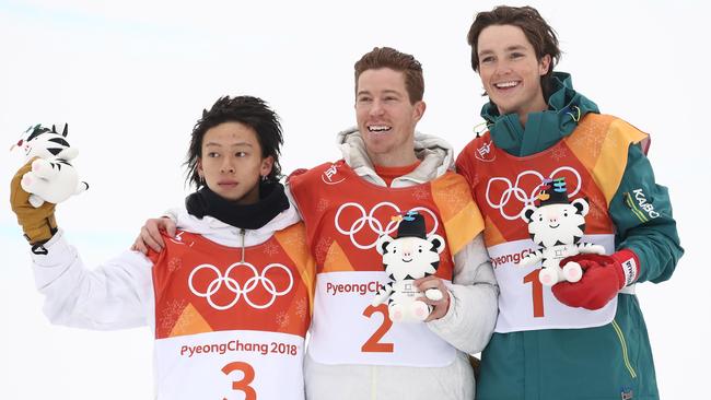 Ayumu Hirano, gold medallist Shaun White and Scotty James. Picture: Getty