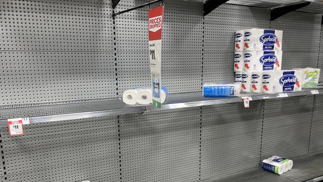 Australia’s major supermarkets have implemented purchase limits on toilet paper and hand paper towel across Greater Sydney. Picture: Toby Zerna