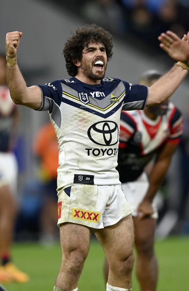 Jake Granville of the Cowboys celebrates the R13 win against the Roosters.Picture: NRL Photos/Gregg Porteous