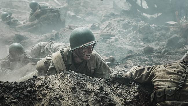 Andrew Garfield in a battle scene from the graphic Hacksaw Ridge.