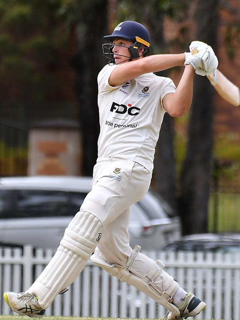 University batsman Angus Lovell University v Ipswich in the Sci-Fleet first grade competition. Saturday October 1, 2022. Picture, John Gass