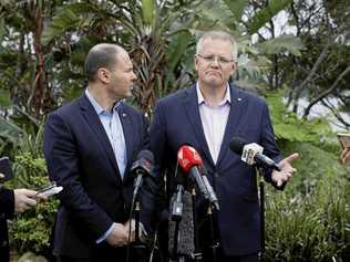 Prime Minister Scott Morrison (right) and Federal Treasurer Josh Frydenberg address the media about the results of the Wentworth By- Election, on the grounds of Kirribilli House, Sydney. Picture: CHRIS PAVLICH