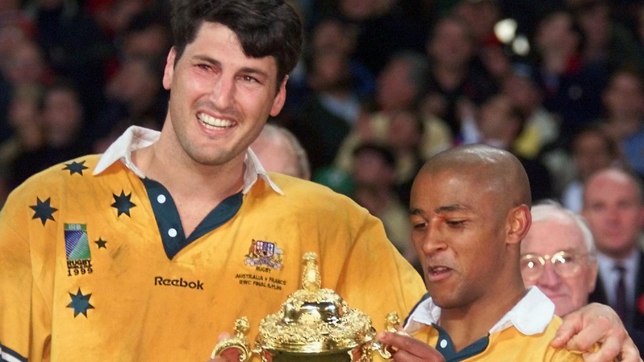 John Eales and George Gregan with the Rugby World Cup in 1999.