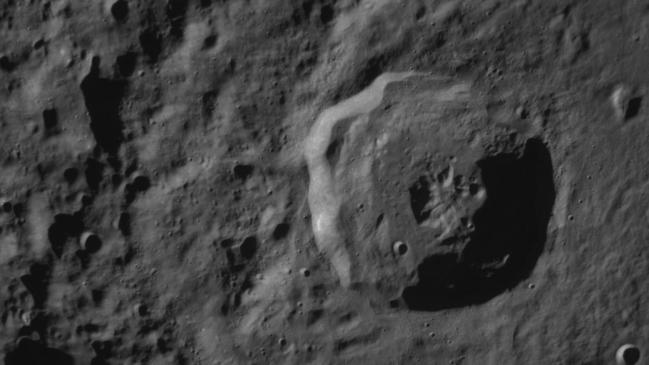 Odysseus has been taking photos of the moon while in orbit, like this one of the Belâkovich K crater in the Moon’s northern equatorial highlands. Picture: Intuitive Machines/AFP