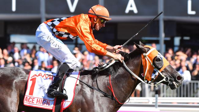 Tye Angland riding Ace High wins the Victoria Derby at Flemington in 2017. Picture: Getty Images