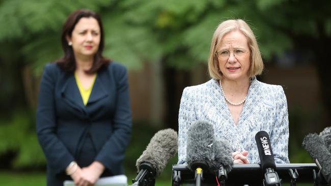 Premier Annastacia Palaszczuk and chief health officer Janette Young have proven unbending on borders … except for the likes of the AFL and Tom Hanks. Picture: Peter Wallis