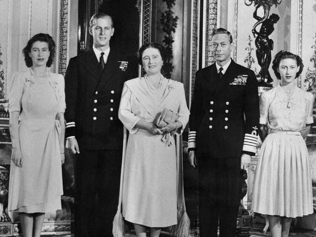 The Queen on the day of her engagement with the Duke of Edinburgh, the future Queen Mother, King George VI and Princess Margaret. Picture: AFP