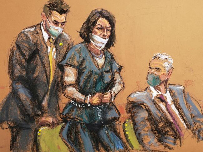 Ghislaine Maxwell led into court in shackles for a pre-trial hearing ahead of jury selection in a courtroom sketch in New York City on November 1. Picture: Reuters/Jane Rosenberg