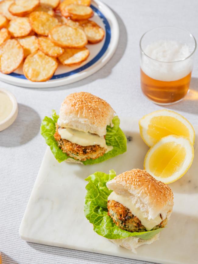 Chips are the perfect side for these prawn burgers. Photo: Nikki To / TWAM