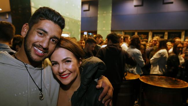 Josh Hues from Pakenham and Tae Hampson from Narre Warren were among crowds who flocked to the pub on Monday night. Picture: Stuart Milligan