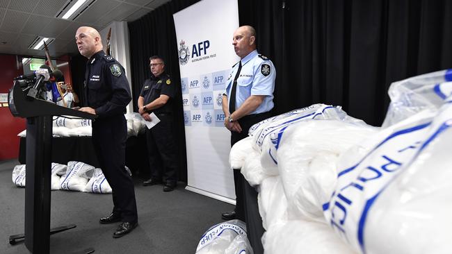 Assistant Commissioner of SAPOL Scott Duval addresses media following a police raid that found 313kg of meth. Picture: AAP / Roy Vandervegt