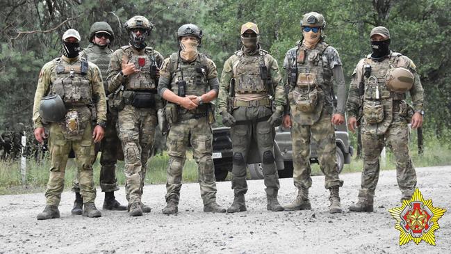 This handout picture shows what is said to be a joint training of Wagner fighters with Belarusian special forces servicemen. Picture: Handout/Telegram/@modmilby/AFP