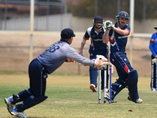 Mudgeeraba Nerang’s Howard Biddle bats against Broadbeach Robina earlier this season. Picture: Steve Holland