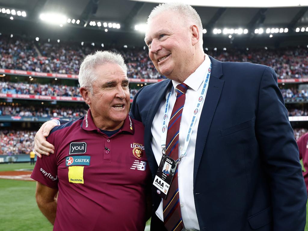 Lions coach Chris Fagan with CEO Greg Swann after the grand final. Picture: Michael Willson/AFL Photos via Getty Images