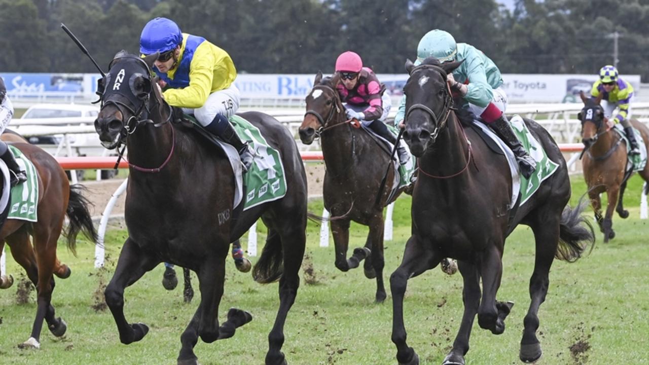 Fugitiva (right) nabs Jawharat Dubai to break her maiden at Hawkesbury in July. Picture: Bradley Photos