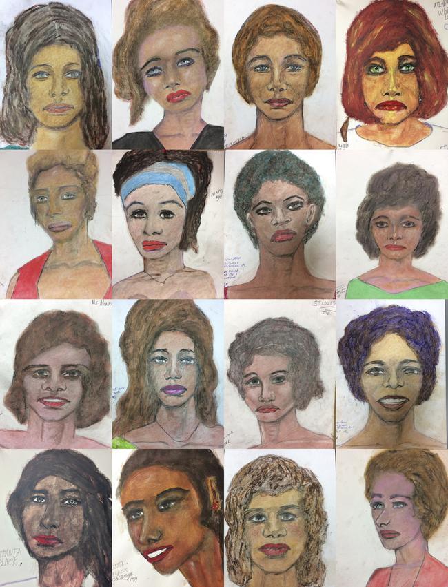 Multiple drawings made by Little based on his memories of some of his victims. Picture: FBI/AP