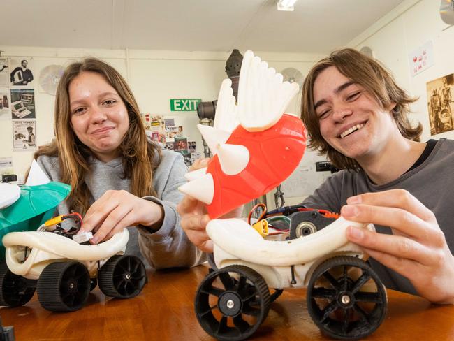 Bal and Raphael in the robotics lab at Melbourne Montessori College’s Brighton campus. Picture: Jason Edwards