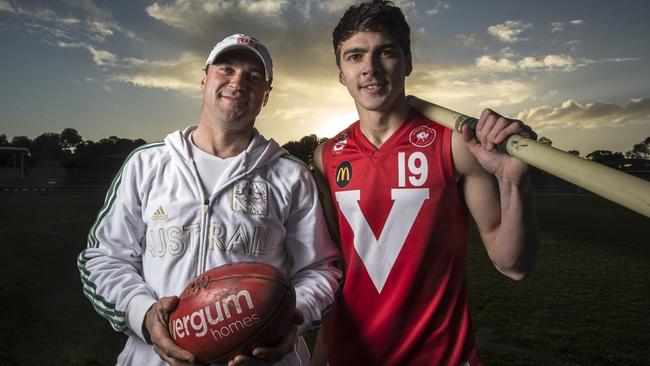 1/8/14 Dmitri Markov with his son Oleg at Santos Stadium, Mile End. The son of former world champion pole vaulter Dmitri Markov is being touted as an AFL draft prospect and has been invited to this year's AFL draft combine.