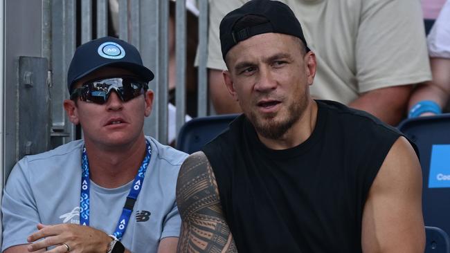 Sonny Bill Williams (right) was in James McCabe’s box for the Australian wildcard’s thumping straight-sets victory over Spain’s Martin Landaluce. Picture: Hannah Peters / Getty Images