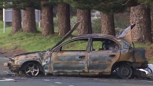 The burnt-out car at Normanville. Picture: 7 News