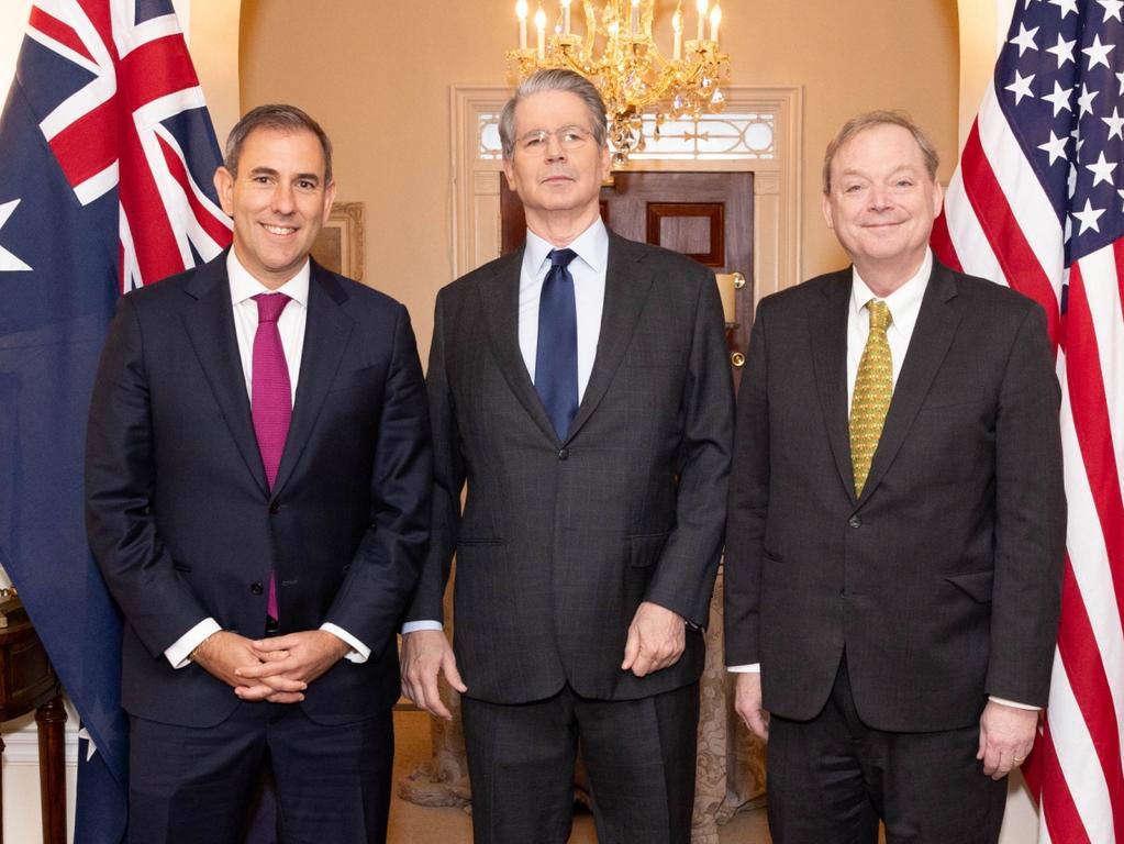 (L-R) Jim Chalmers, Secretary of the Treasury Scott Bessent and Director of the National Economic Council of the United States Kevin Hasset in Washington. Picture: Michael Butcher