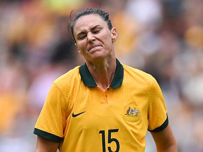 BRISBANE, AUSTRALIA - SEPTEMBER 03: Emily Gielnik of Australia reacts after a failed attempt on goal during the International Women's Friendly match between the Australia Matildas and Canada at Suncorp Stadium on September 03, 2022 in Brisbane, Australia. (Photo by Albert Perez/Getty Images)