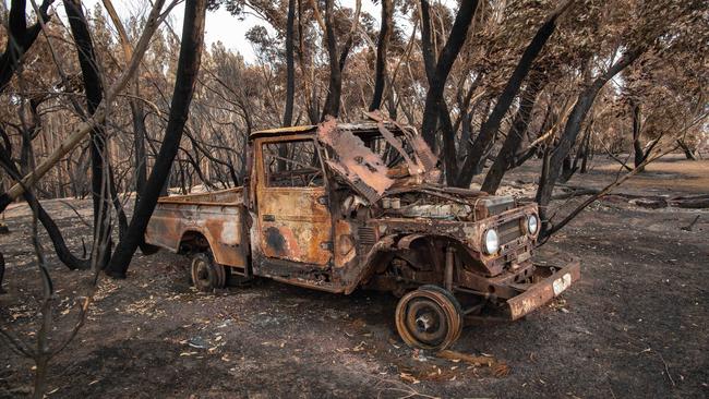 A vehicle gutted in the Kangaroo Island fire. Picture: Brad Fleet