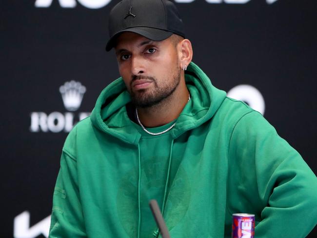 MELBOURNE, AUSTRALIA - JANUARY 14: Nick Kyrgios of Australia speaks during a press conference during a practice session ahead of the 2023 Australian Open at Melbourne Park on January 14, 2023 in Melbourne, Australia. (Photo by Kelly Defina/Getty Images)