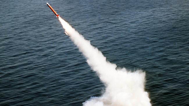 A Tomahawk cruise missile is launched from the nuclear-powered attack submarine USS LA JOLLA (SSN-701) on the Pacific Missile Test Center (PMTC) range.