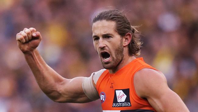 Giants Callan Ward celebrates kicking a goal during the AFL Preliminary Final match between the Richmond Tigers and the GWS Giants at the MCG. Picture. Phil Hillyard