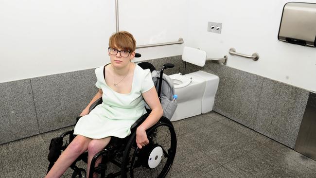 Vincent in the Adelaide Railway station toilets where she says it’s common to find people changing, taking drugs and having sex. Photo: Mark Brake