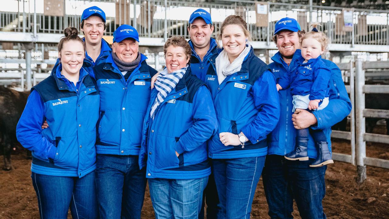 Jencie Lawford, Hamish Branson, Stephen Branson, Noeleen Branson, Gordon Branson, Dianna Meulendyks, Josh Meulendyks and Tessa Meulendyks at the sale. <a href="https://www.weeklytimesnow.com.au/agribusiness/cattle/banquet-spring-bull-sale-2020-recordbreaking-averages-for-stud/news-story/44fac423c4d641955b6beed91611264e" target="_blank">Click here for the full report</a>. Picture: Chloe Smith