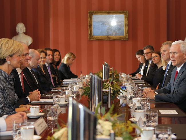 Mike Pence (right) participates in a meeting with Malcolm Turnbull and Foreign Minister Julie Bishop at Admiralty House on Saturday. Picture: Jason Reed-Pool/Getty Images