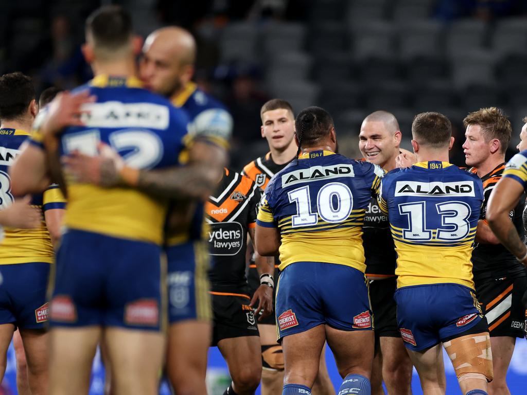 Parramatta's Ryan Matterson knocked out by Tiger's Russell Packer.