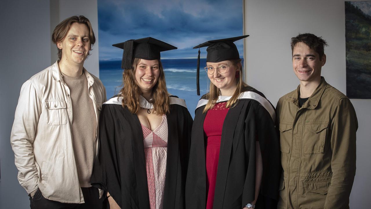 UTAS Graduation at the Hotel Grand Chancellor Hobart, Chris McCarthy, Katya Bandow, Rachel Meadowcraft and Toby Chilvers all of Hobart. Picture: Chris Kidd