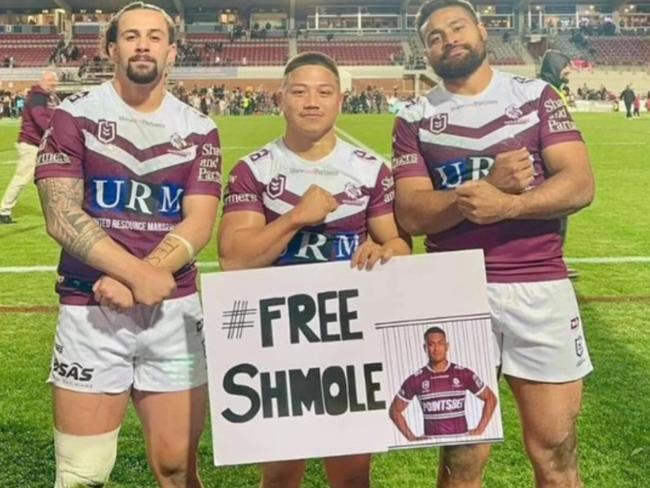 Manly's Josh Aloiai, Gordon Chan Kum Tong and Toafofoa Sipley with a message for Corey Parker. Picture: Instagram