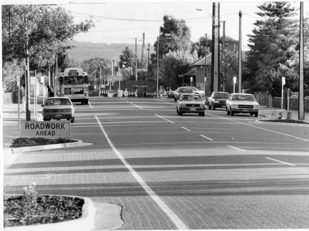 A section of King William Rd resurfaced with blocks on October 16, 1985. Source: File